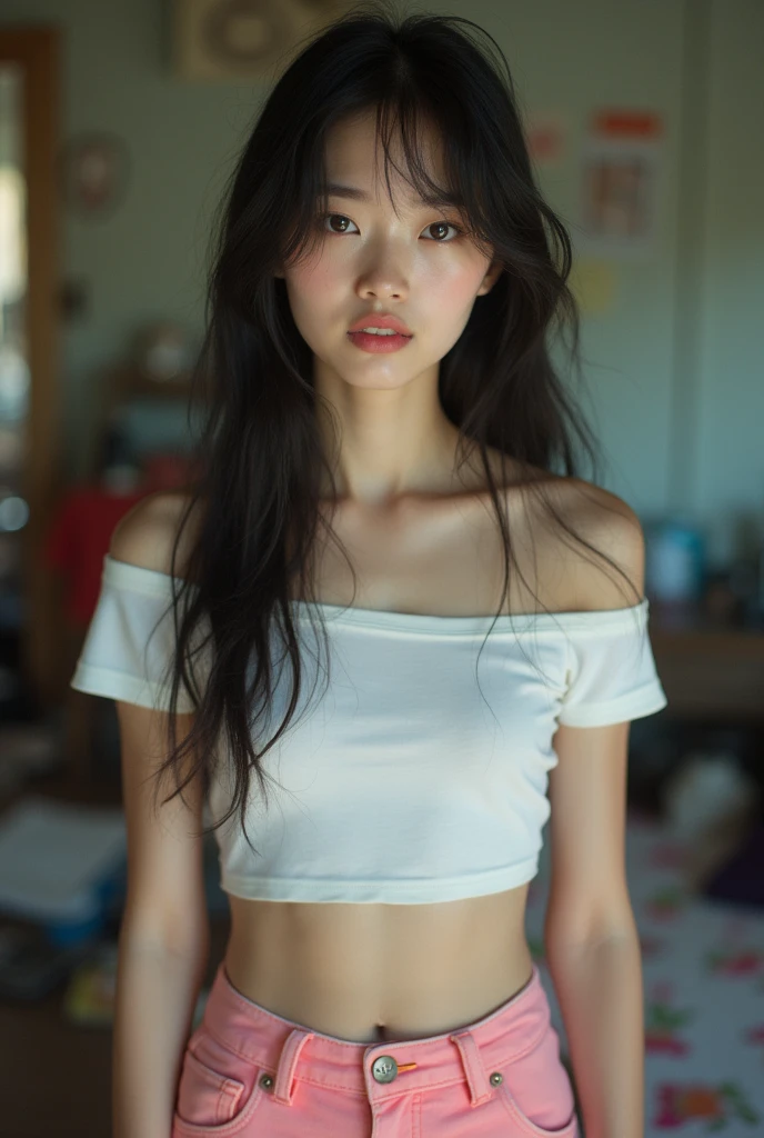 A (((full-body))) picture of an ethereally beautiful 1 girl. She has youthful caucasian features and ((very pale white skin)). Her eyes are a striking blue, and she is wearing ((heavy black eye makeup)). She has a very slim body with long thin legs and large round breasts. She is wearing a tight white crop top, a very short black miniskirt, and black boots. She is sitting in a provocative pose that shows off her legs, and her (((whole body from head to toe))) is shown in the photo.