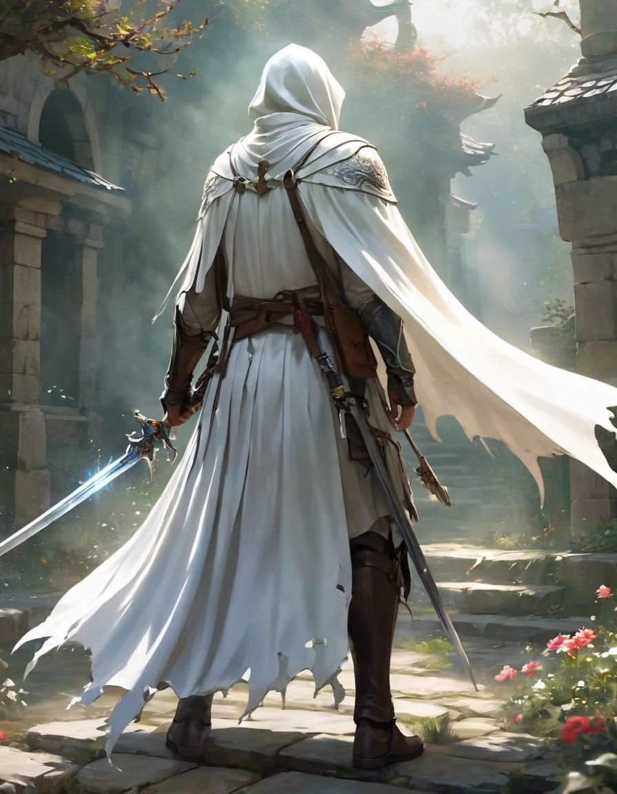 Tattered white cape, Back Sword, Master of swordsmanship, Plate, Dual Wielding, The Faceless, mystery