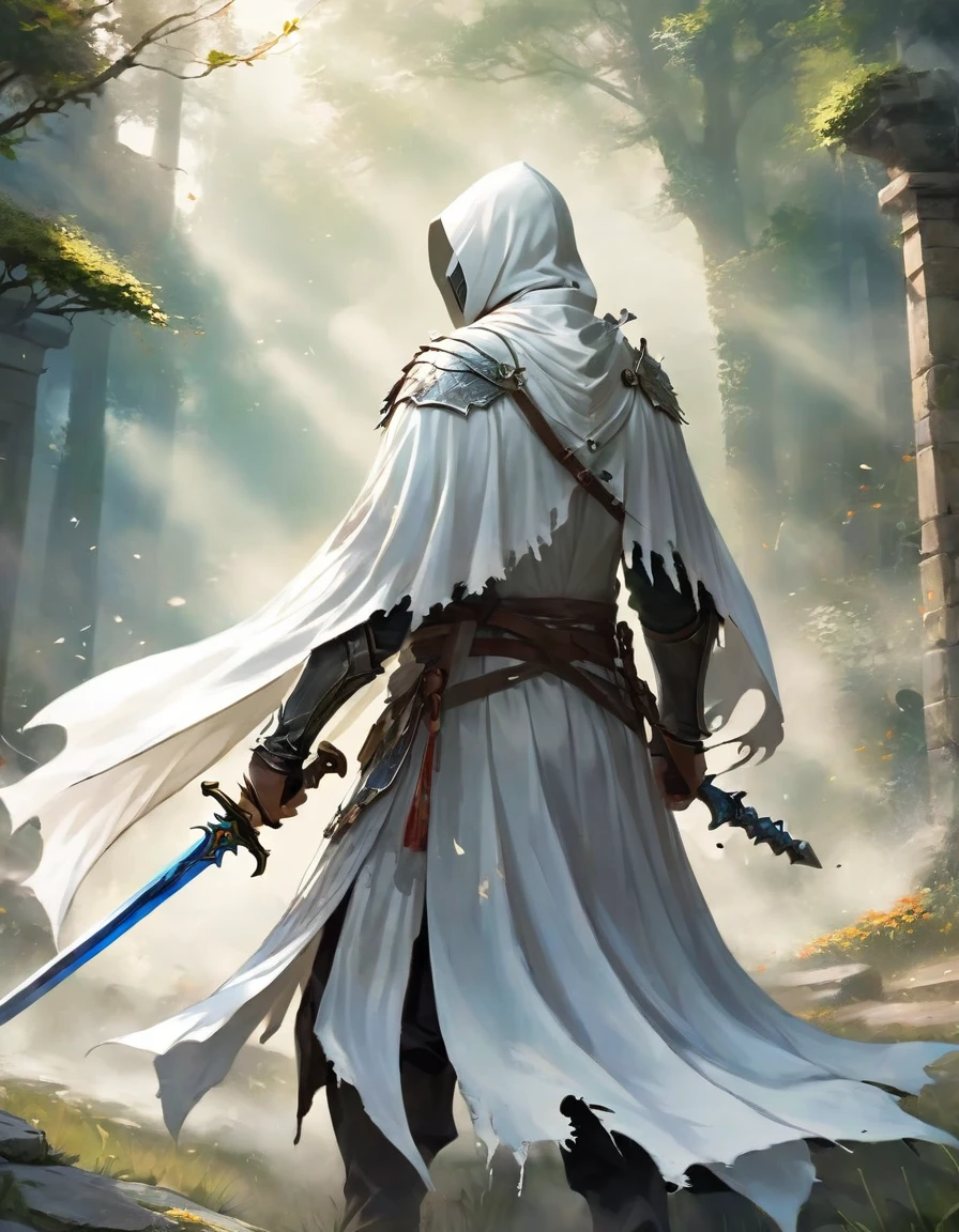 Tattered white cape, Back Sword, Master of swordsmanship, Plate, Dual Wielding, The Faceless, mystery