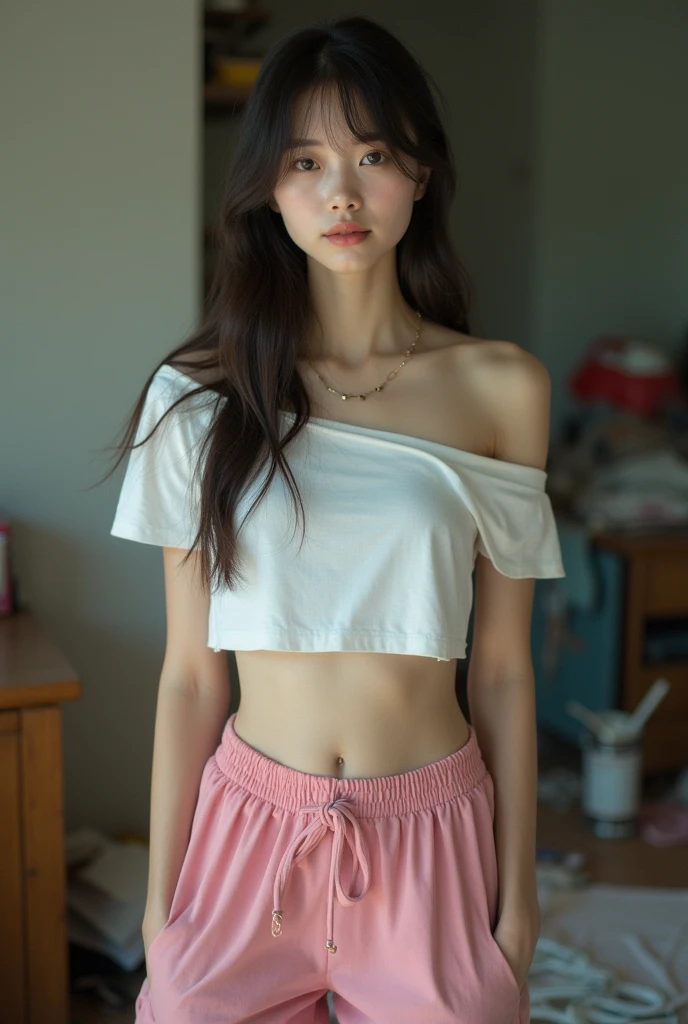 Realistic photos of (1 cute star) shoulder length hair, ponytail, light makeup, bangs, (small), clear facial features, 8K high resolution, sharp and realistic details, full body, fair skin, (white skin) in my room, changing (underwear), changing clothes, f/4.0, 135mm, fujifilm, jpeg artifact, dithering, uhd, masterpiece, blur, schoolgirl, underwear, white