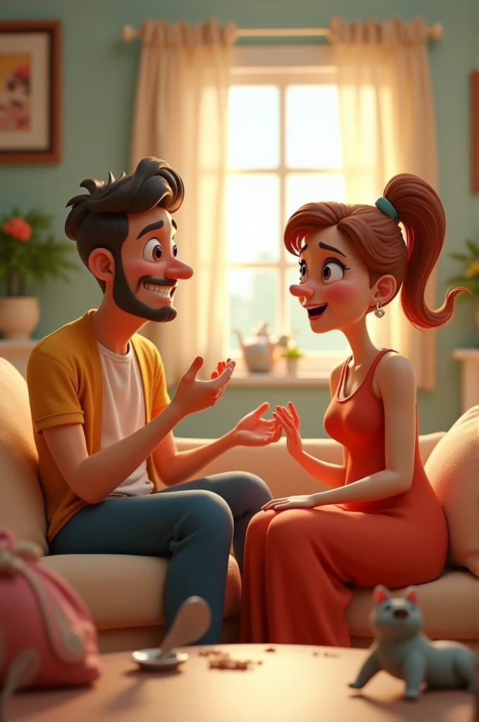 Create a humorous and vibrant Pixar-style illustration. The scene shows a living room where a wife and husband are having a playful argument. The wife, a cheerful woman with a surprised expression, is sitting on a couch, holding her head with one hand, expressing frustration.