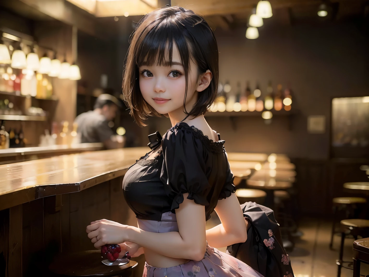 (Highest quality, masterpiece, Ultra-high resolution, 8k, RAW Photos, Realistic, Anatomically correct:1.5), 20-year-old girl:1.2, Embarrassing, avert your eyes, blush:1.0, View Viewer, ((bar)) 、Large windows、Night view、 Light:1.2, Bokeh, Cinema Lighting:1.0, Depth of written boundary, sharp、 Cute Face、Idol、(Black short sleeve lace top)、(Black tulle skirt)、(Purple clothes)、”dwarf”、(Full Body Shot)、(Side angle)、Cowboy Shot、( smile)、((Ultra short hair、Berry Short))、(Straight bangs)、((See-through))、(( One woman))、look back、I can see your belly button、((Drinking alcohol))、