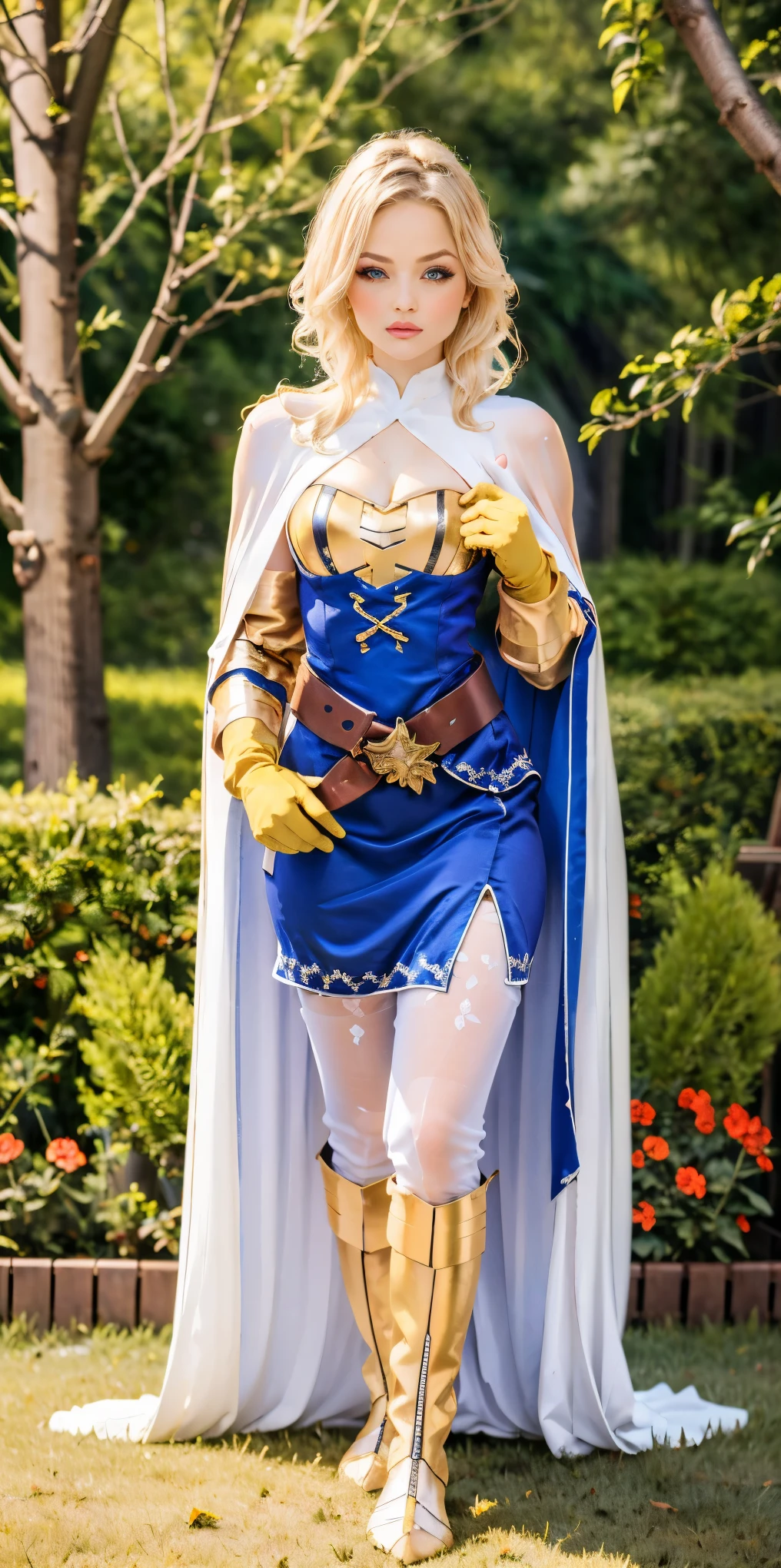 (masterpiece, best quality), 1girl, KnightFFT, long hair, blonde hair, blue eyes, cape, armor, blue dress, belt, gloves, boots