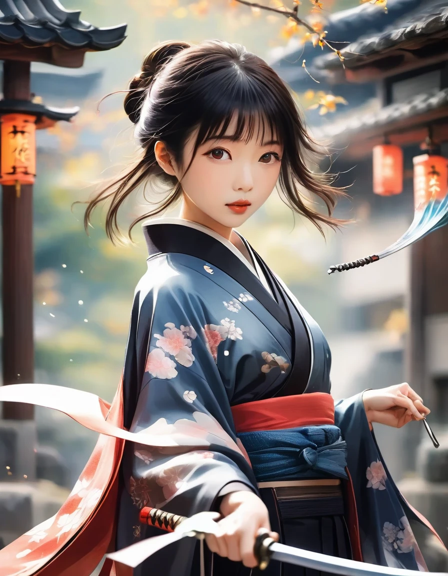 beautiful japanese girl，Presented in transparent color watercolor style，Holding a sharp blade or dagger，Injurious weapons,hidden in clothing.Wearing black leggings or a cape,show caution、Ambush Stance。His movements are flexible、Key Points,彰顯出殺手般的專注與dangerous氣息。Being in a dark environment,Only a glimmer of light shines on him,營造出mystery、dangerous的感覺。The overall atmosphere creates a dark、mystery、dangerous。，Confident and focused eyes，Japanese air，Partial light watercolor splash rendering background，Brown eyes，Motion Blur, Dreamy, Romantic and elegant，Noble and elegant style.Delicate brushstrokes，Japanese Art，dynamic art，( Perfect anatomical structure )masterpiece, best quality, Ultra-high resolution, (Very detailed),