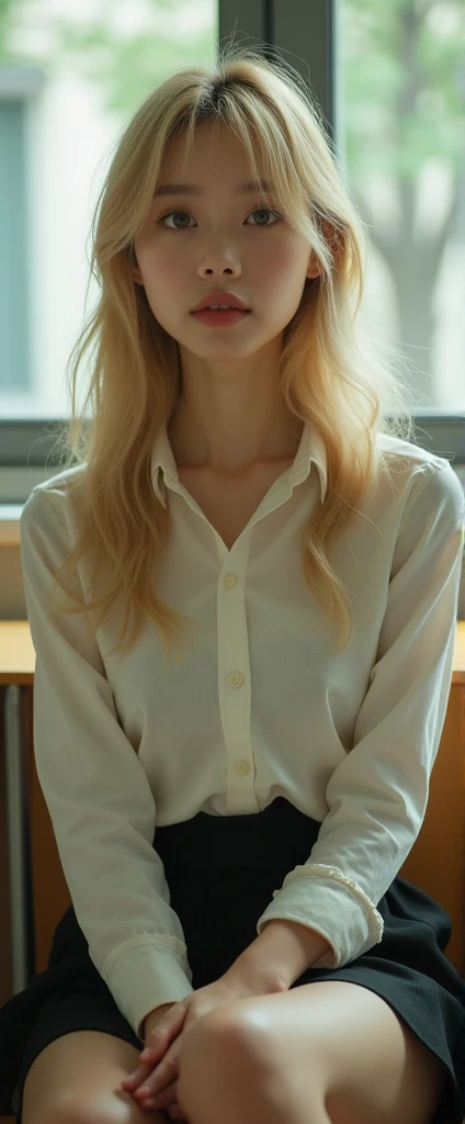 Best quality, Ultra-high resolution, (Photorealistic:1.4), 1girll, button- shirt, Skirt, Office, Brown hair, Breasts, (Blonde hair:1.2), view the viewer,