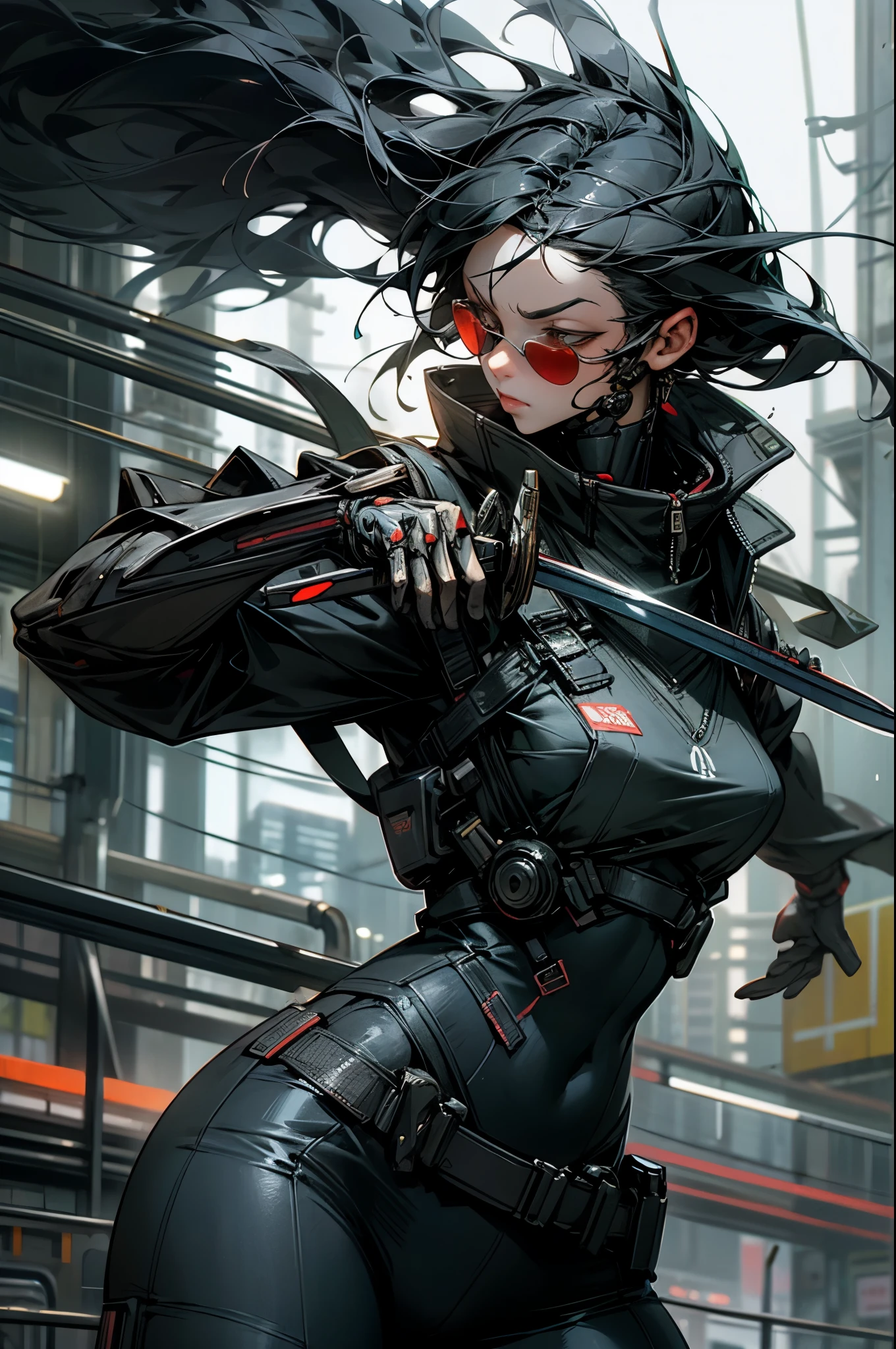 3000，Cyberpunk futuristic city，rain，A woman with graceful movements creates a human being，Wearing sunglasses，Holding a samurai sword，20 years old，Casual wear，Tight clothing