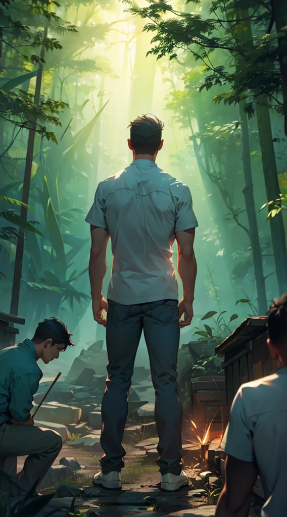 （A beam of light hits the man：1.5），beam，A man&#39;s back stands among the crowd，（The four people bowed their heads and knelt on one knee to salute him.：1.5），The background is in the forest，Wearing modern clothes, And soft colors in a circle in the forest. Create a surreal fantasy atmosphere.，momentum，Hot Blood，Marching through the burning forest。.