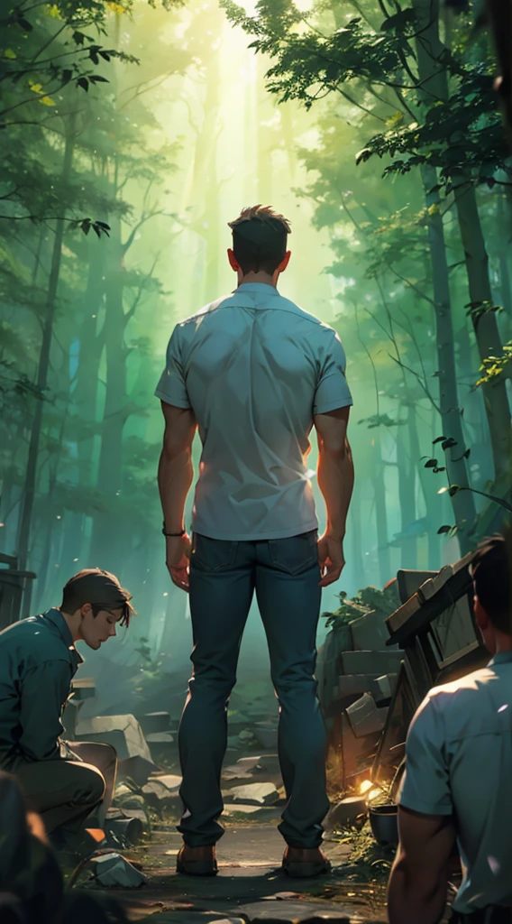 （A beam of light hits the man：1.5），beam，A man&#39;s back stands among the crowd，（The four people bowed their heads and knelt on one knee to salute him.：1.5），The background is in the forest，Wearing modern clothes, And soft colors in a circle in the forest. Create a surreal fantasy atmosphere.，momentum，Hot Blood，Marching through the burning forest。.