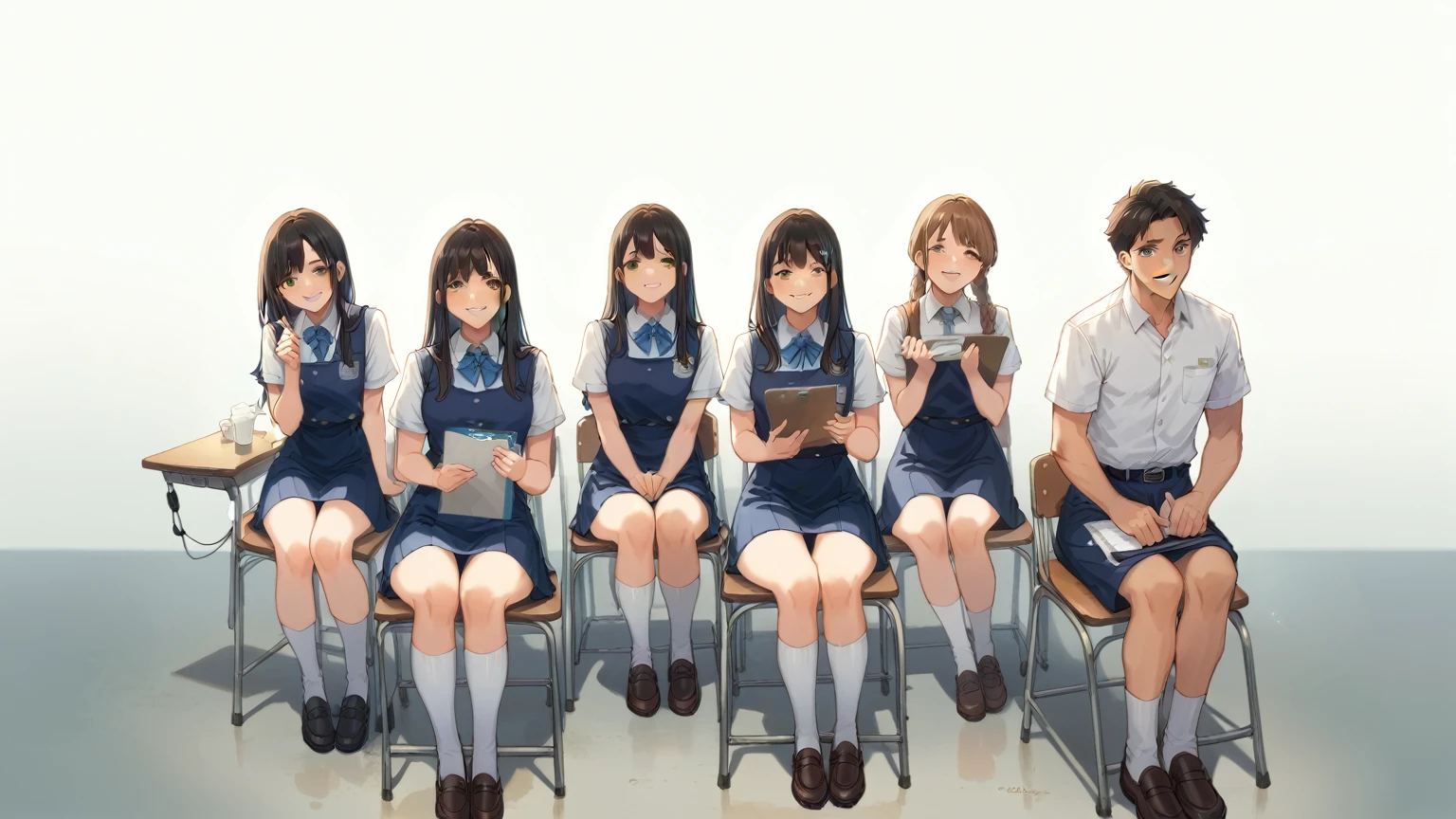 Six individuals are seated in a row on green chairs, each dressed in various uniforms featuring knee-high socks and dark shoes. The setting appears to be indoors with a simple, clean background. Each person holds a clipboard, and various small, labeled microphones are positioned in front of them. The lighting is uniform and well-balanced, creating soft shadows and a bright atmosphere. The overall mood seems formal yet relaxed, likely a panel discussion or interview session,smile,