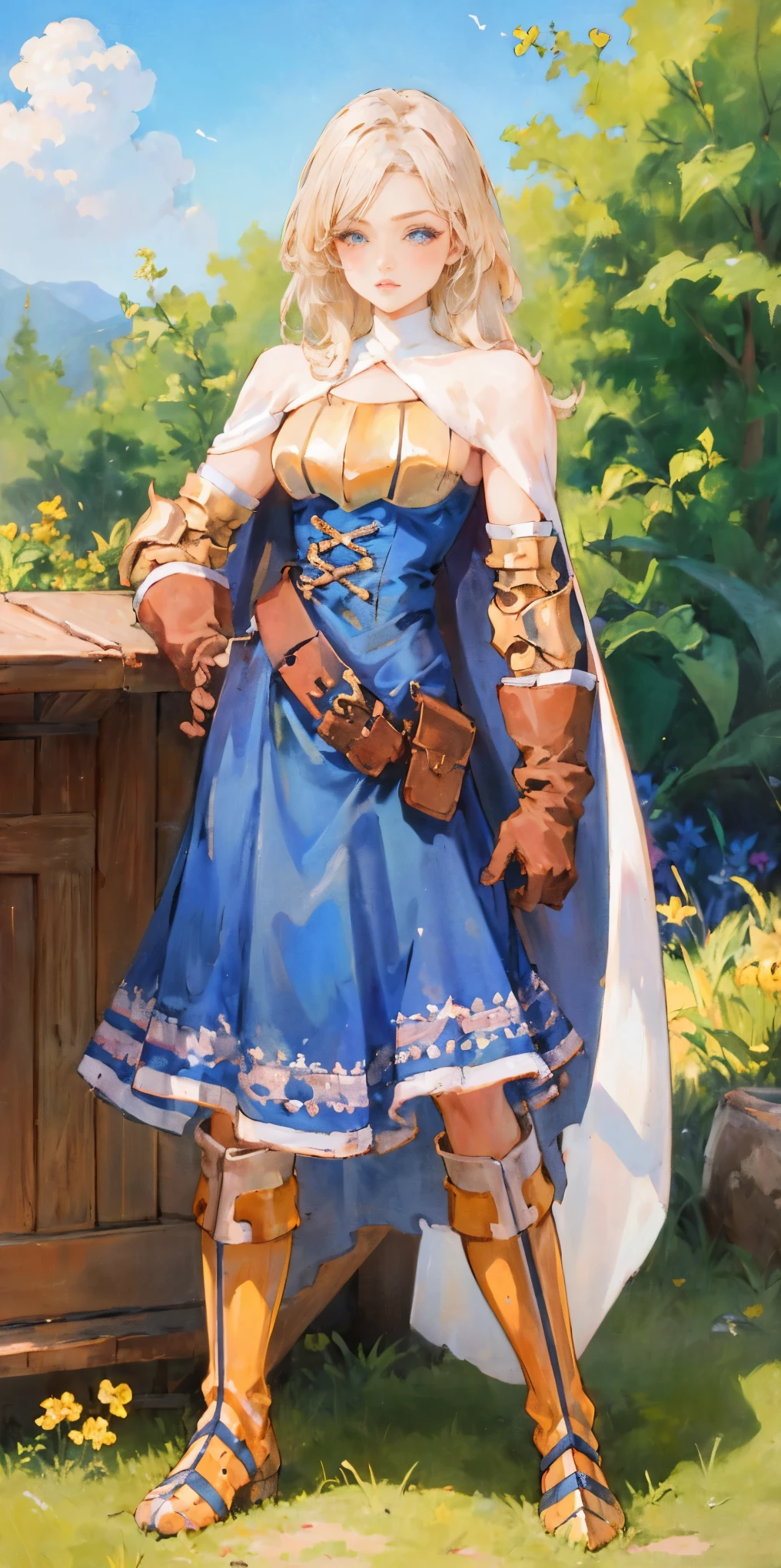 (masterpiece, best quality), 1girl, KnightFFT, long hair, blonde hair, blue eyes, cape, armor, blue dress, belt, gloves, boots