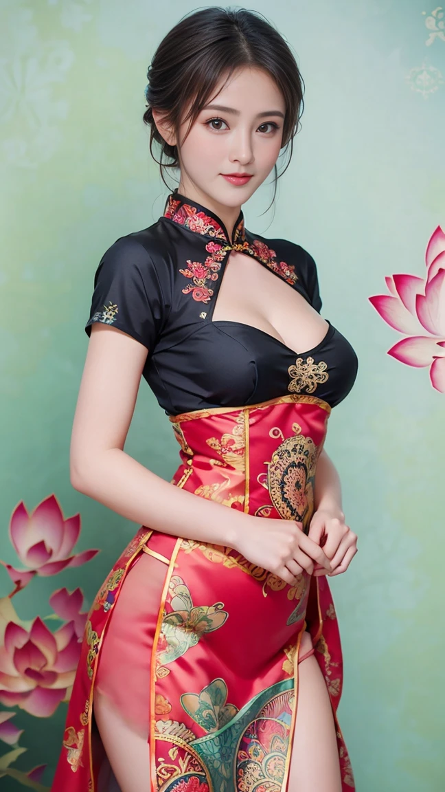 Beautiful attractive woman in tights, Stunning details，Micro T String , (Colorful Textured Oriental Cheongsam、Bold and exaggerated streamlined skirt，Openwork textile design), (Colorful fabrics:1.4)，Colorful silk clothing：1.2，Delicate chain jewelry belt, Beautiful round breasts,, Chest together ,Medium and long range shooting , (Intricate designs and patterns in the style of Alphonse Mucha1.5), (Art Nouveau pattern ornate background)，（Show off your round buttocks），Smile：1.3 