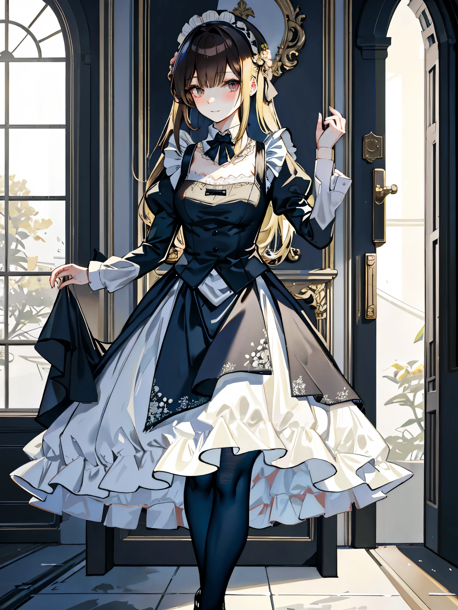 best qualtiy,8k,Best quality,(the detail:1.4),The picture is clear,a close up of a woman in a dress and stockings, anime girl in a maid costume, gorgeous maid, Maid outfit,One poses for a photo in a maid costume,is an anime character who wears a maid costume,Drawn in Artgerm's style,Has long blonde hair,Sexy girl with dark brown hair,the maid outfit,A dress dressed in lace,Walking past you,Luxurious theme,realistic dress,Skin details are highly detailed,Watch machinery,Dirty floor,Beautiful maid,feminine beauty,Stunning character art,Ray traching