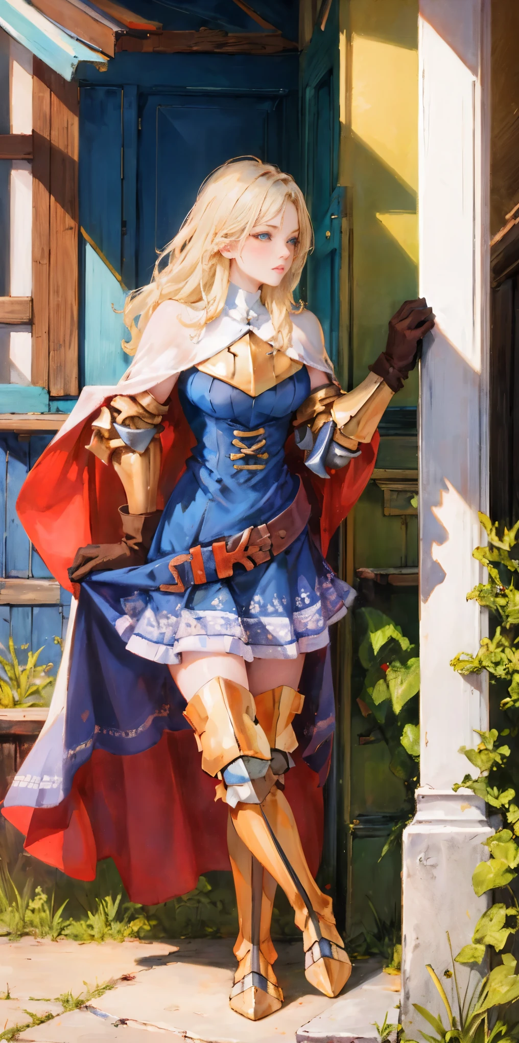 (masterpiece, best quality), 1girl, KnightFFT, long hair, blonde hair, blue eyes, cape, armor, blue dress, belt, gloves, boots