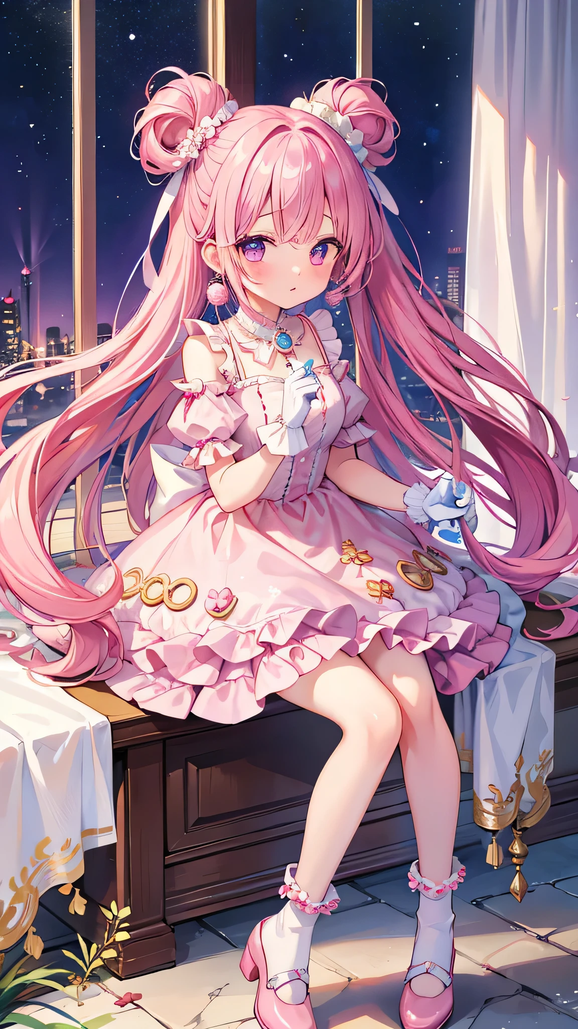This version has fuchsia lips and wears pink blush and eye-shadow. Her platinum pink-tint hair is worn loose in large tight curls with matching, shorter forelocks and her bangs are neatly tucked. On her head is a hot pink chandelier style crown with rows of pearls beneath it. She wears a pale pink dress with hot pink shoulder pieces and a chandelier peplum, along with matching heels and white frilly gloves. SPARKLE; GLITTER