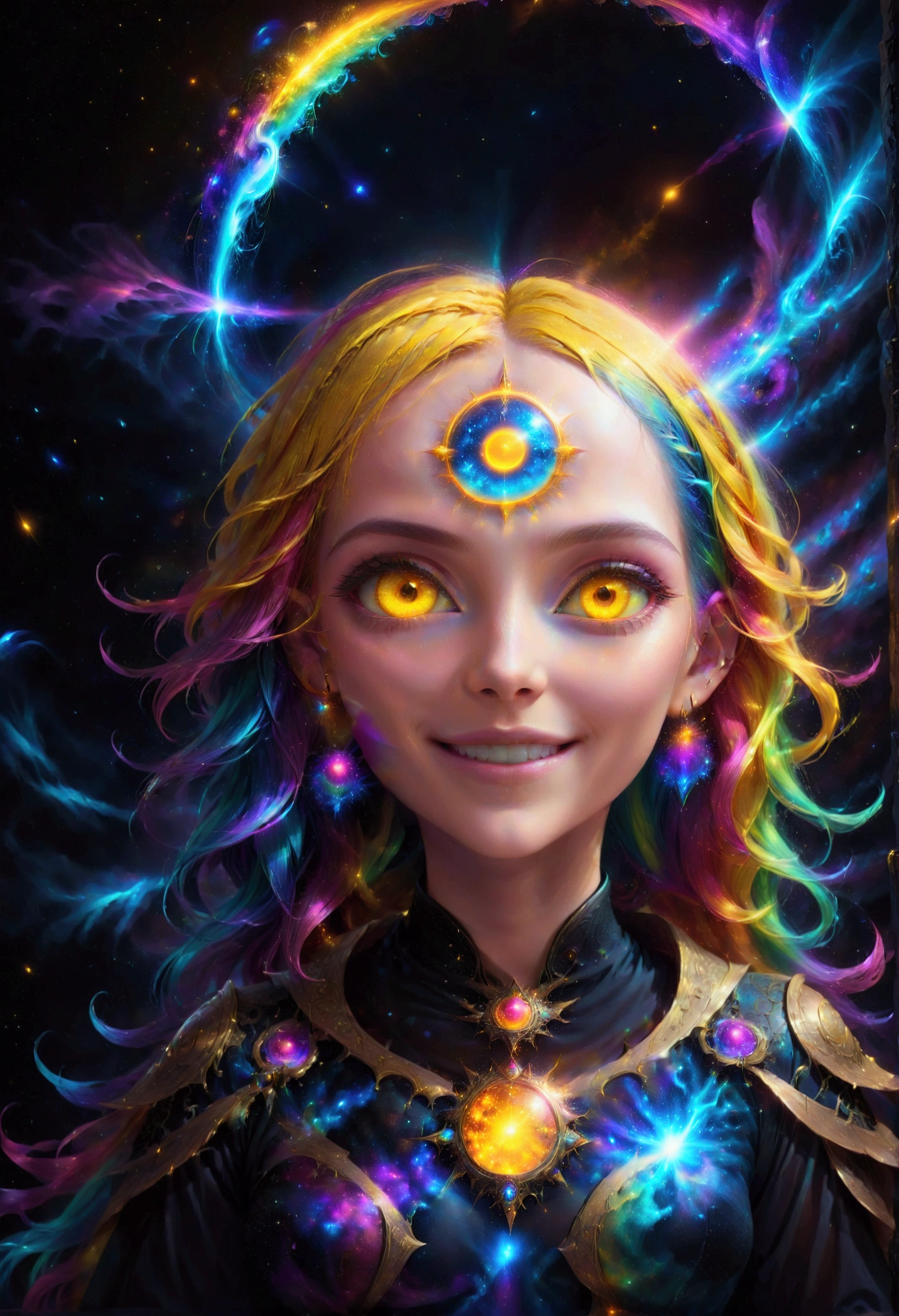 digital illustration, sorceress opening a portal to the cosmos, planets, rainbow hair, wavy hair, sparkling eyes, yellow eyes, longeyelashes, makeup, evil smile, first-person view, first-person view, first-person view, Luminism, sparkle, glowing light, reflection light, Wide-Angle