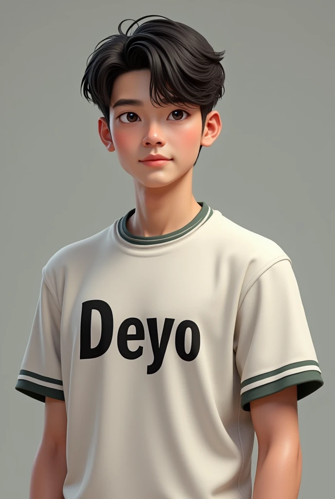 1 boy (10 yo) , ,, handsome face, random hairstyle, , seductive smile, red casual
t shirt, short pants, gray background