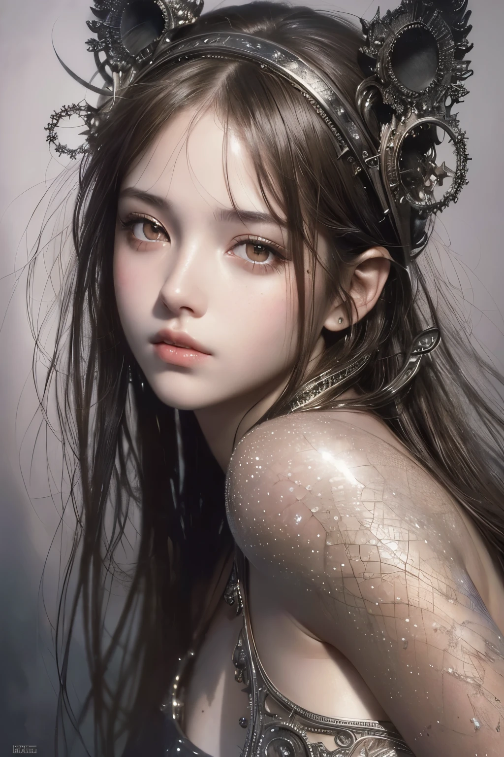 A stunning masterpiece by Luis Royo, High-quality and realistic depiction of a shiny, beautiful girl, Natural skin texture, (((This surreal portrait captures the essence of youth and beauty))), (((The girl's arms and legs are attached with elaborate chains.))), (((((Sex slave))))), (((Completely naked))), (whole body), (((Succubus)))