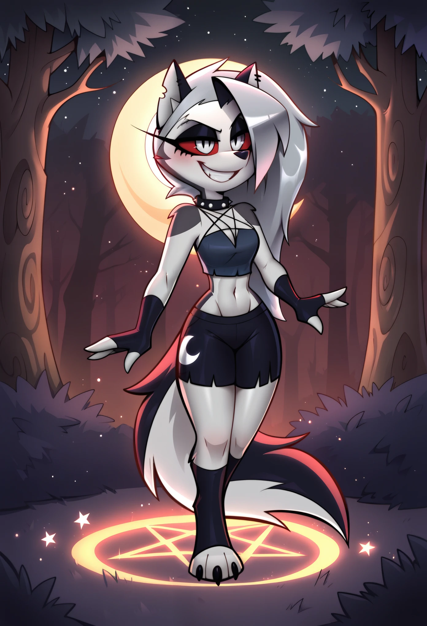 score_9_up, score_8_up, score_7_up, rating_safe, furry, anthro, solo, loona(jizokumode), hellhound, red sclera, loona (helluva boss), tanktop, fingerless gloves, excited, blep, forest, night, stars, crescent moon, solo, forced smile, 4 fingers, inverted pentagram, full body, feets with three toes, midriff, sexy,