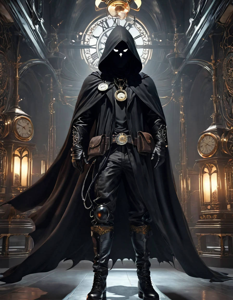 (Ghost of the Black Hood:1.5), (extremely detailed CG unity 16k wallpaper:1.1), (Denoising Strength: 1.45), (masterpiece:1.37), (Full body posture:1.4:), full length; from head to foot; Front view; Glowing eyes; Steampunk; clock;  devil&#39;breathing; Steampunk; full length; from head to foot; Front view; Ninja with samurai sword, , Cyberpunk Illustration, symmetry, detailed,