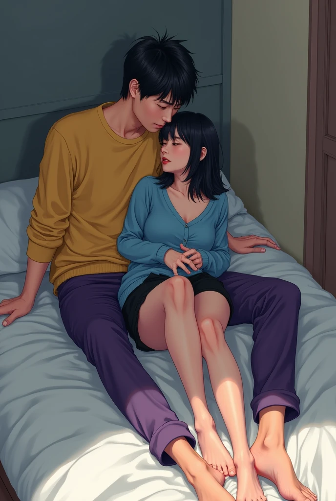 Two adult friends, A Man and a Woman, the man is taking care of the woman in bed, She is sick, she is a woman, she has blonde hair and blue eyes., she wears pink pajamas, while the man has black hair and black eyes