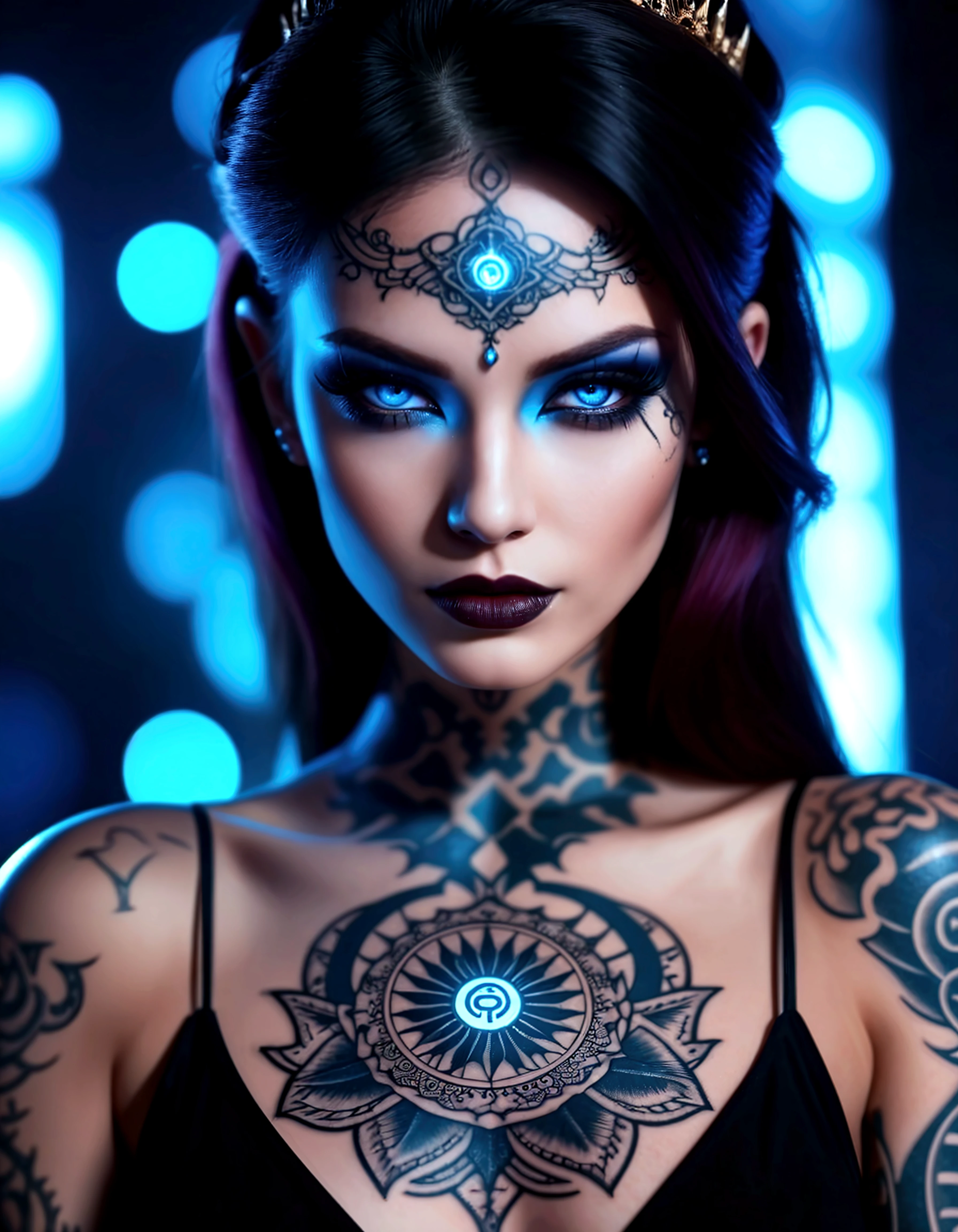 Stunningly gorgeous beautiful perfect hr giger inspired tattooed sexy seductive demonic girl, perfect face, hyper detailed neon sapphire eyes, large breasts, full body view, nude