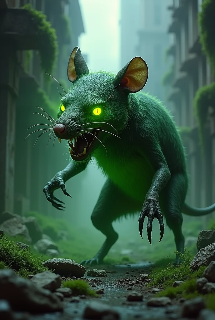 photorealistic,grimdark masterpiece,twisted malevolent rat-man hybrid,evil visage,thick matted grey and brown fur,snarling expression,cybernetic enhancements BREAK bulky black steel armor,intricate armor detailing,glowing green runes,helmet with glowing green runes BREAK clutching a bulky black dagger with glowing green runes BREAK shadowy ambiance,foreboding atmosphere,dystopian backdrop,
