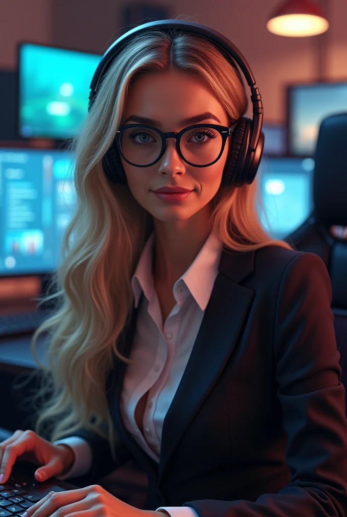 Beautiful blonde with large breasts in a gray suit (Big city at night、Rooftop、Sparkling scenery),Wearing headphones,Very detailed, 21 years old, Innocent face, Naturally Wavy Hair, blue eyes, High resolution, masterpiece, Highest quality, Intricate details, Very detailed, Clear focus, Delicate skin, practical skin texture, texture, Delicate eyes, Professional, 4K, Cute Smile, Shot with Canon, 85mm, Shallow and deep, Kodak Vision Color, Exactly, Very detailed, photograph_\(Extremist\), photographpractical, practical, Post-processing, Maximum details, Roughness, Real Life, Extremist practical, Photorealism, photographgraphy, 8K Ultra HD, photographgraphy