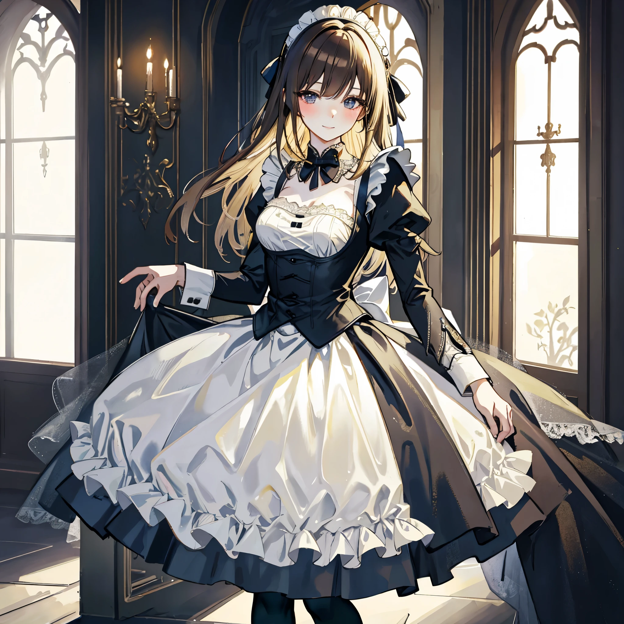 best qualtiy,8k,Best quality,(the detail:1.4),The picture is clear,a close up of a woman in a dress and stockings, anime girl in a maid costume, gorgeous maid, Maid outfit,One poses for a photo in a maid costume,is an anime character who wears a maid costume,Drawn in Artgerm's style,Has long blonde hair,Sexy girl with dark brown hair,the maid outfit,A dress dressed in lace,Walking past you,Luxurious theme,realistic dress,Skin details are highly detailed,Watch machinery,Dirty floor,Beautiful maid,feminine beauty,Stunning character art,Ray traching
