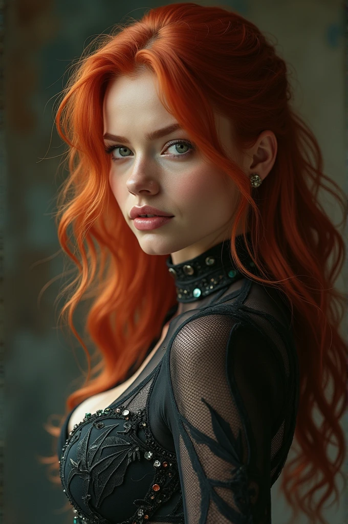 A very beautiful toreador vampire with extremely red hair, she has one blue eye and one green eye, she also has freckles, She has noble origins and is very fond of jewelry and always wears high heels., your high heel is elegant and chic 