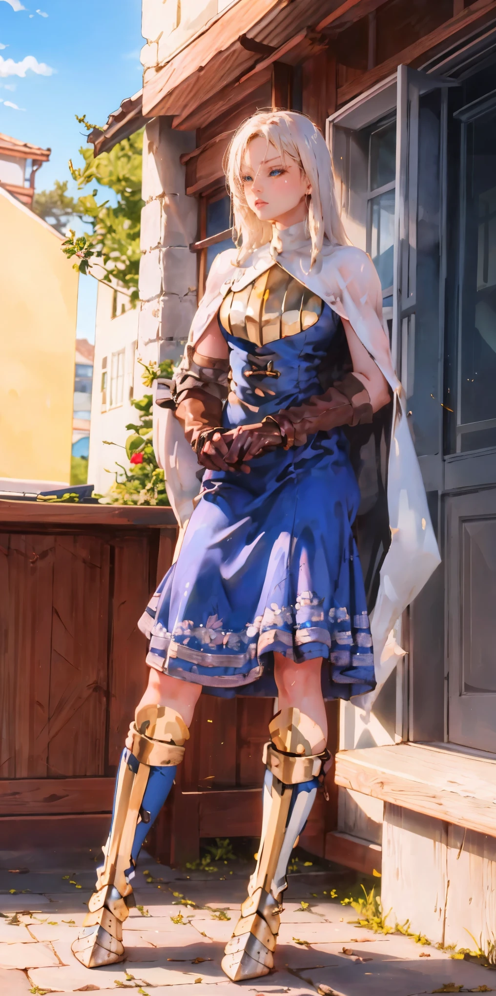 (masterpiece, best quality), 1girl, KnightFFT, long hair, blonde hair, blue eyes, cape, armor, blue dress, belt, gloves, boots