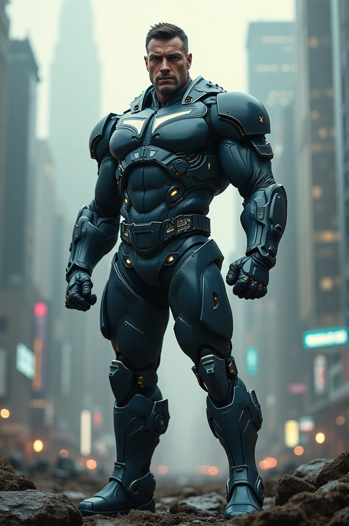 A man in a suit is standing on the street, muscular! ciberpunk, Sci-fi armor! muscular, muscular!! Sci-Fi, Fur suit for the whole body, Muscular male undead cyborg, Shot from the movie about the cyborg villain, He holds a cyborg sword in his hand, gynoid cyborg body, Suit robot, Futuristic robot body, Posing in Neo - Tokyo Futuristic, cyborg body, diverse cybersuits