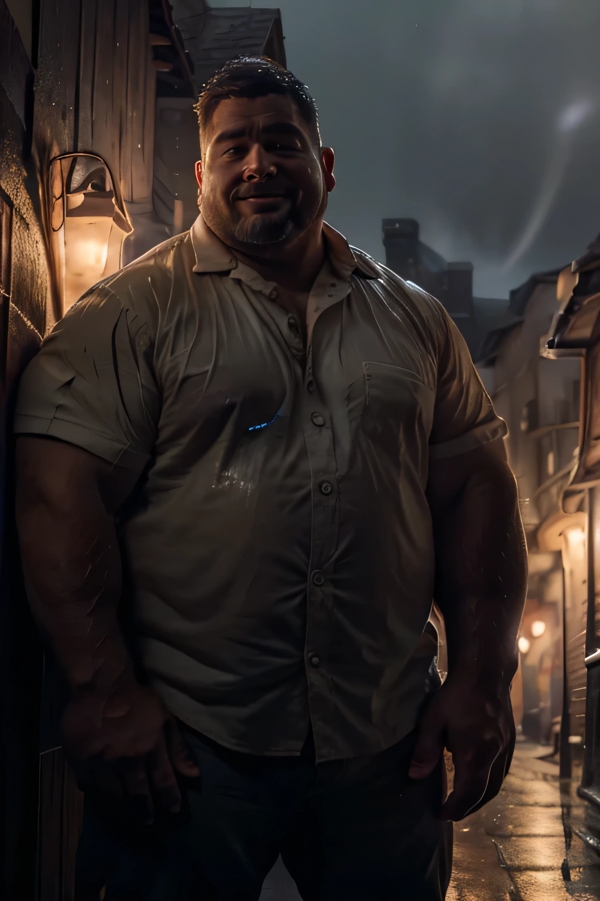 8k. hyper-realistic. high definition) handsome Caucasian. chubby guy. scruffy face. fat, wearing jeans, white collared shirt, big tummy, buffed, chubby face, hairy arms, thick eyebrows, medium-length hair, editorial shot. dramatic lighting, looking intensely at the camera. arm hair, beard, brown hair, blurry, blurry background, smiling, collared shirt, facial hair, looking at viewer, male focus, pocket, realistic, shirt, short hair, sleeves rolled up, solo, chubby face, plump face. outdoors. evening, dark alley, street light, heavy downpour, drenched, boy is soaking wet, boy's face is soaking wet, face is dripping wet, evening. dark alley. street lights. frontal lighting.