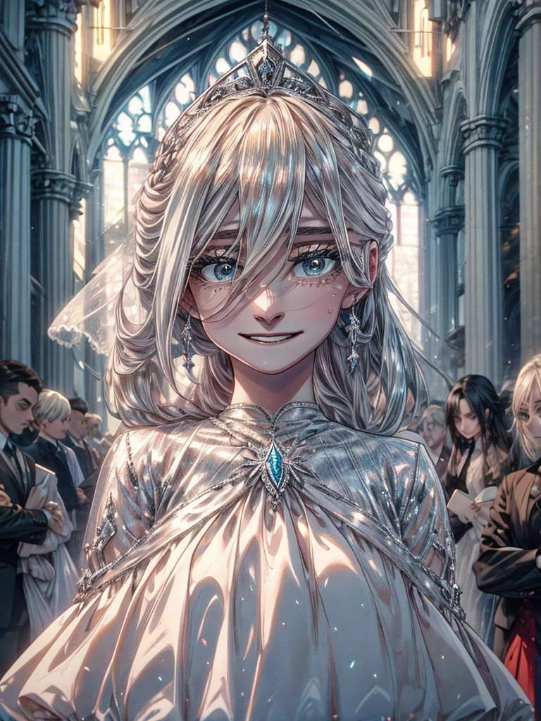 Beautiful silver hair woman is shown to have a sexy figure. She is wearing a  beautiful  detailed wedding dress , jewelry, holding a bouquet of flowers, Girl standing in a church aisle, sexy session, front facing viewer, cowboy shot, superior quality, many details, realistic, smiling,