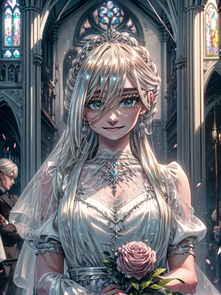 Beautiful silver hair woman is shown to have a sexy figure. She is wearing a  beautiful  detailed wedding dress , jewelry, holding a bouquet of flowers, Girl standing in a church aisle, sexy session, front facing viewer, cowboy shot, superior quality, many details, realistic, smiling,