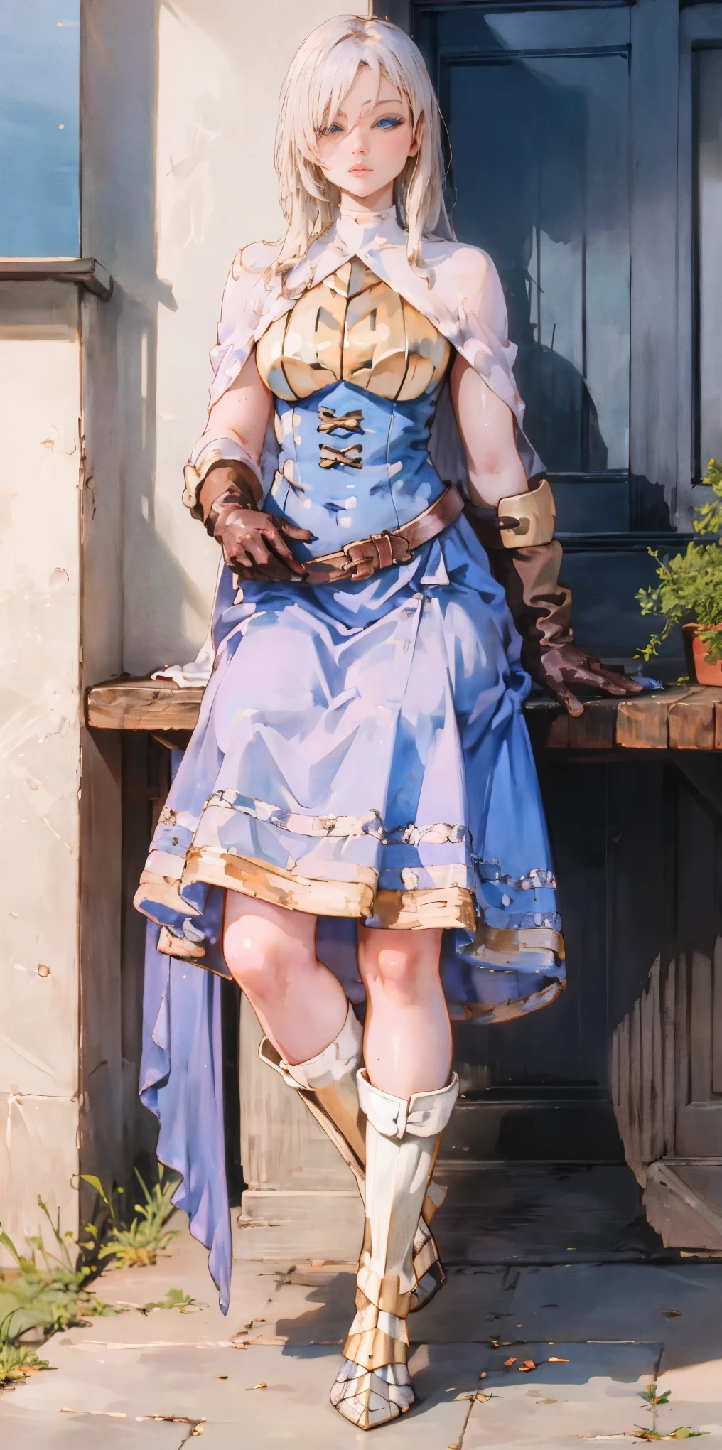 (masterpiece, best quality), 1girl, KnightFFT, long hair, blonde hair, blue eyes, cape, armor, blue dress, belt, gloves, boots