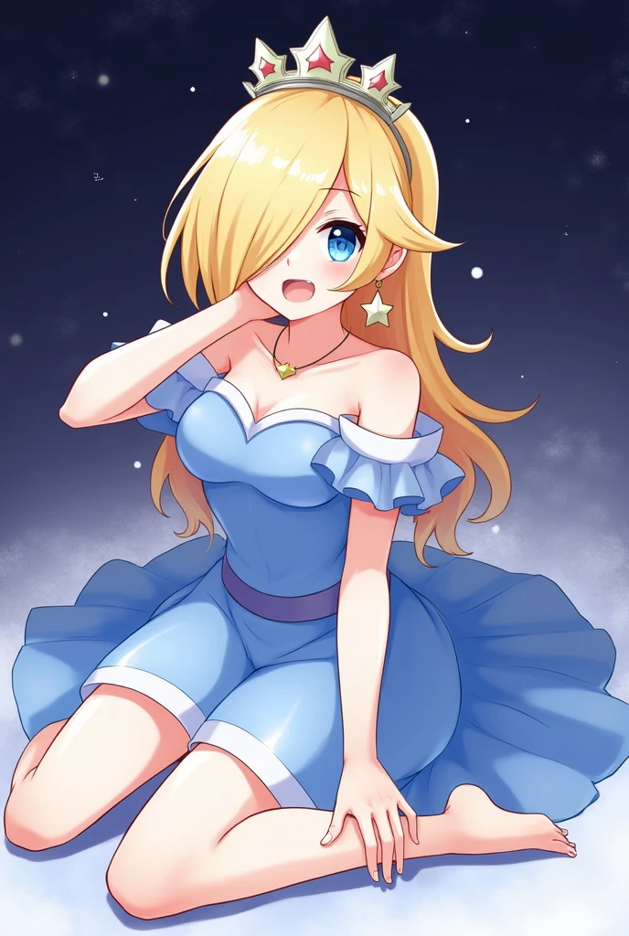 1girl in,Solo, (PrincessPeach), (PrincessPeach), (Blue Dress:1.2), A detailed eye, Blue eyes, Choker,heavy make-up, Glossy lips, Pink lips,Smirk ,Curve ,Windhip,Glossy skin,Oily skin,Beautiful light,Castles,Indoor,Cowboy Shot,close-up,Sitting,on balcony,Night,Covered,Spread legs,Half-closed eyes,blush