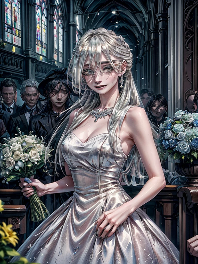 Beautiful silver hair woman is shown to have a sexy figure. She is wearing a  beautiful  detailed wedding dress , jewelry, holding a bouquet of flowers, Girl standing in a church aisle, sexy session, front facing viewer, cowboy shot, superior quality, many details, realistic, smiling,