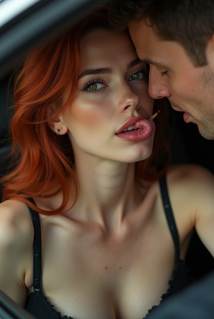 photorealism: 1.2), beautiful red-haired girl with Nordic features, upturned nose, blue eyes, full lips, makeup, red lipstick, big huge breasts, long transparent black evening dress that reveals her bottom in a pink leopard-print thong with deep neckline and slit, car headlights at night in front of the wife walking on a leash on all fours tied to a collar around the neck doggy style pose, eyes raised and mouth out, profile view from above, the husband and another man look and touch her doggy style pose