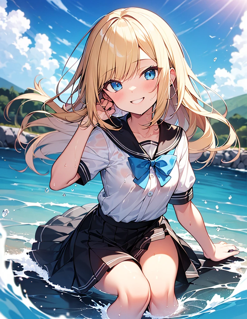 (8k, Highest quality, masterpiece: 1.2),Ultra-high resolution, 1 person, cute, Small breasts, solo,Highly detailed face, School Uniform, White blouse, Waiter Skirt, Medium, Blonde, Blue Eyes, Ocean, Wavy, splash, Childlike, The best smile, soaked