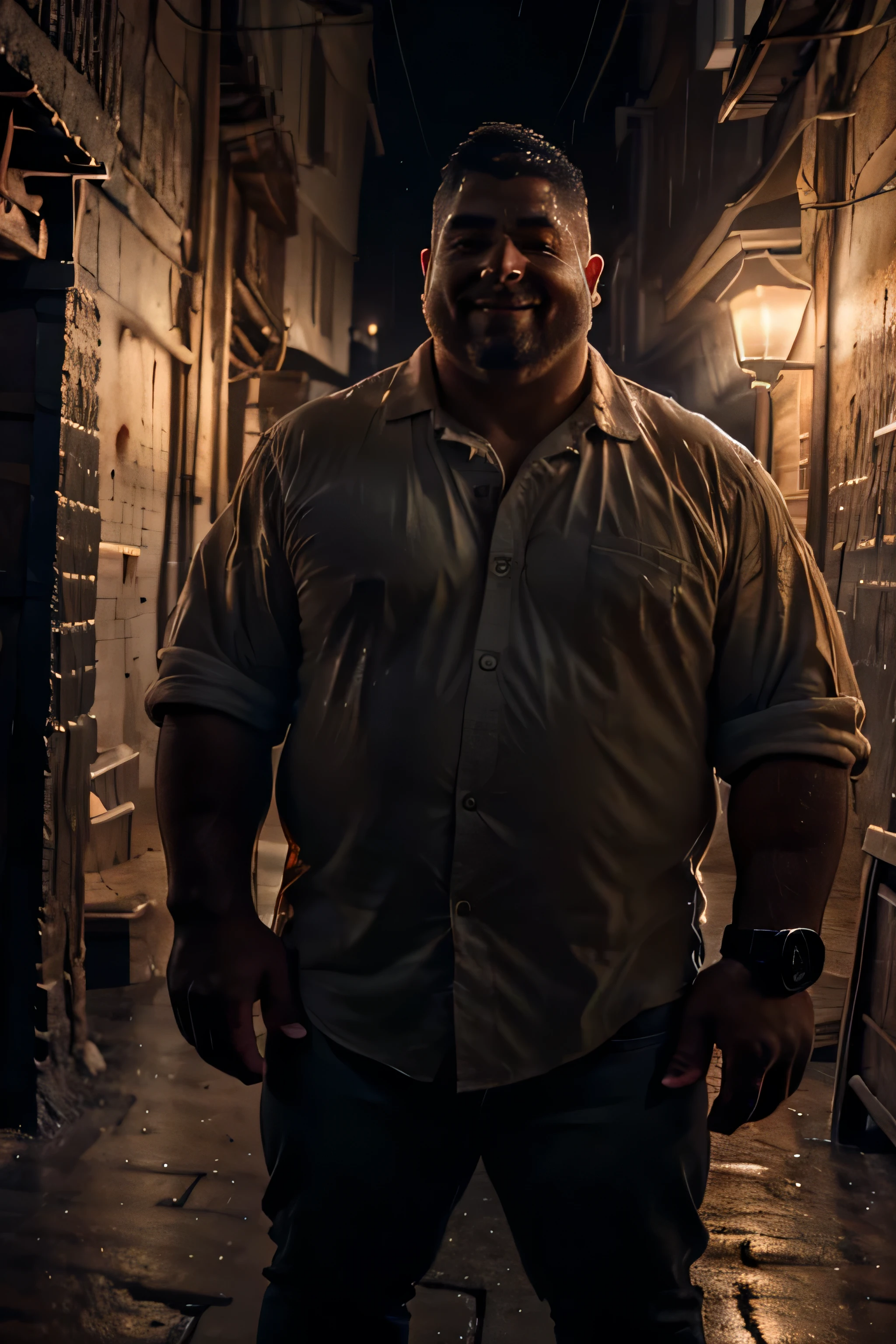 8k. hyper-realistic. high definition) handsome Caucasian. chubby guy. scruffy face. fat, wearing jeans, white collared shirt, big tummy, buffed, chubby face, hairy arms,  wearing an orange g-shock watch on the left hand. thick eyebrows, medium-length hair, editorial shot. dramatic lighting, looking intensely at the camera. arm hair, beard, brown hair, blurry, blurry background, smiling, collared shirt, facial hair, looking at viewer, male focus, pocket, realistic, shirt, short hair, sleeves rolled up, solo, chubby face, plump face. outdoors. evening, dark alley, street light, heavy downpour, drenched, boy is soaking wet, boy's face is soaking wet, face is dripping wet, evening. dark alley. street lights. frontal lighting.