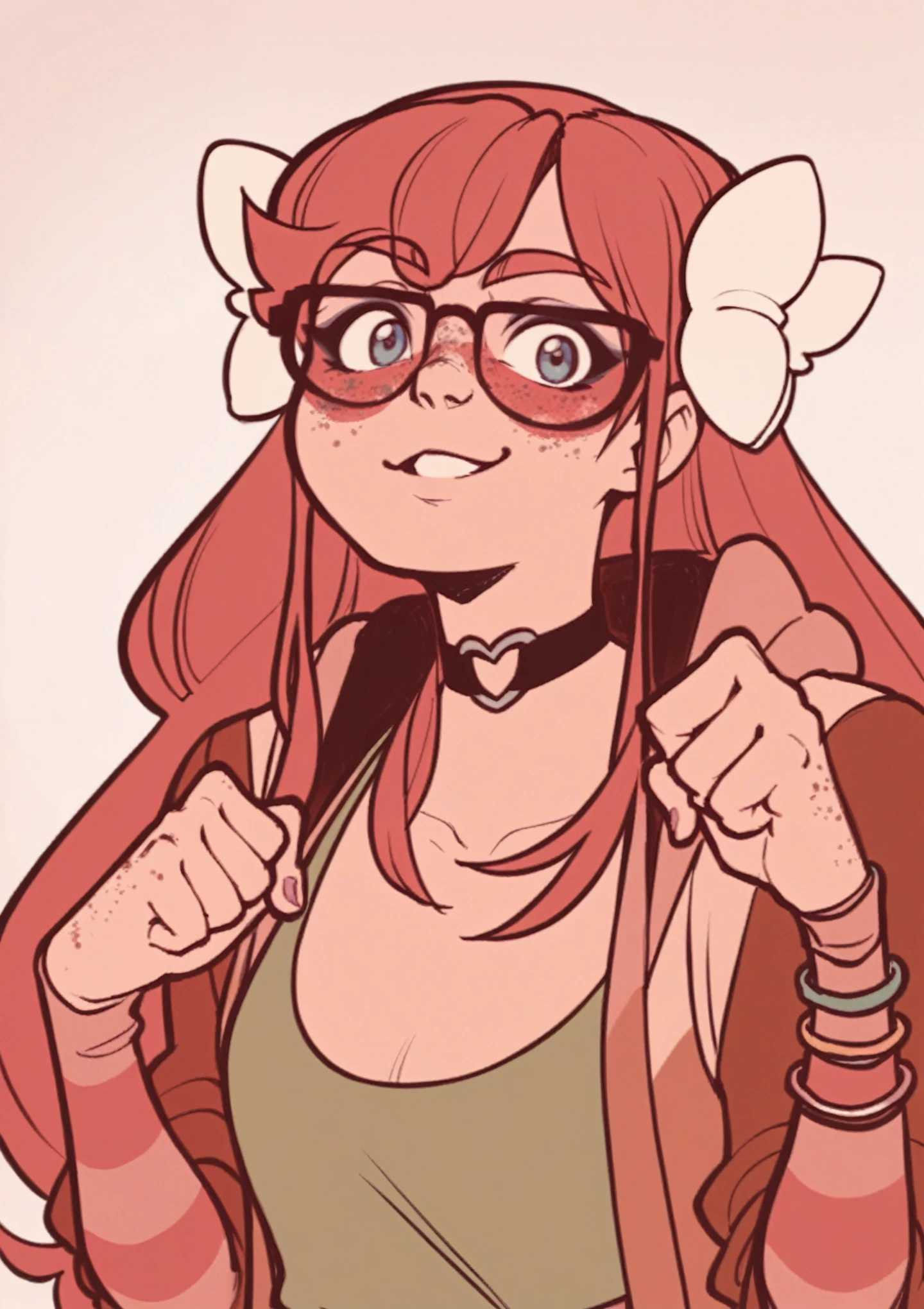 score_8_up, score_7_up, score_6_up, score_5_up, score_4_up, anime screenshot
1girl, solo, long hair, red hair, hair ornaments, freckles, glasses, standing, upper body, looking at viewer, jacket, shirt, choker
, looking up, :3, paw pose,