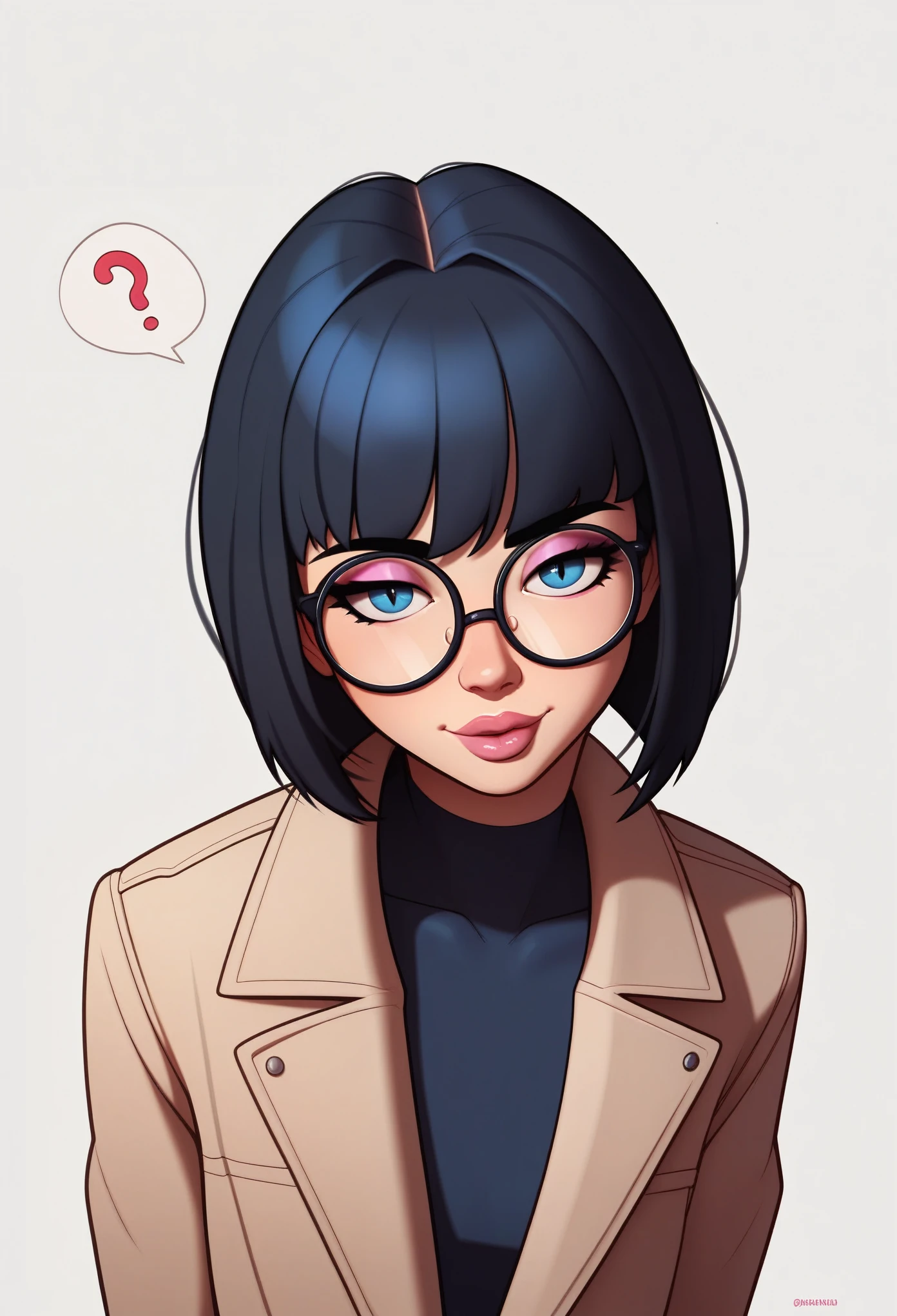 punctuation_9, punctuation_8_High above, punctuation_7_High above, punctuation_6_High above, punctuation_5_High above, punctuation_4_High above, break 1girl, mellow, motherly, Bblack hair, bob haircut, slickedback hair, shorth hair, blue colored eyes, thick lips, kind smile, long eyelashes, half-closed eyes, black frame glasses, round glasses, rhombus stripe, grown-up, black eyeliner, pink eyeshadow, gazing at viewer, break solo, standing, neckleace, large breasted, grown-up, skinny, arched back, tight slit, trench coat, break (White background:1.2), simple background, dynamic pose, dynamic angle, angled shot,