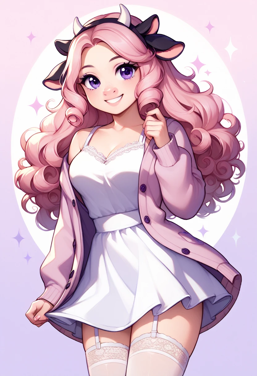 1girl, solo, pink curly hair, parted bangs, cow horns, black cow ears, purple eyes, pastel pink cardigan, white lace sundress, white lace stockings, smile