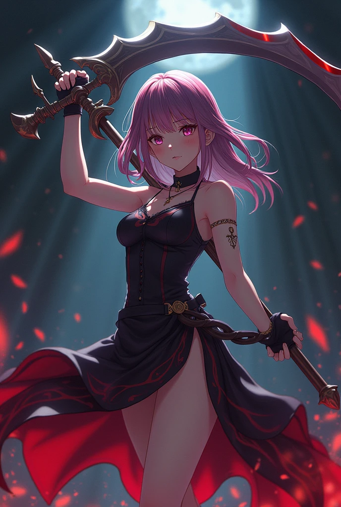 1girl, solo, standing, shuten douji,mizukioutfit, shiny clothes, highleg leotard, black leotard, elbow gloves, fingerless gloves, frills, fishnets, red showgirl skirt, pink ribbon, fur trim, skin tight, impossible leotard, black thighhighs, thighhighs, bare shoulders, covered nave,smirk, standing, outdoors, night, village, stairs, contrapposto,cowboy shot