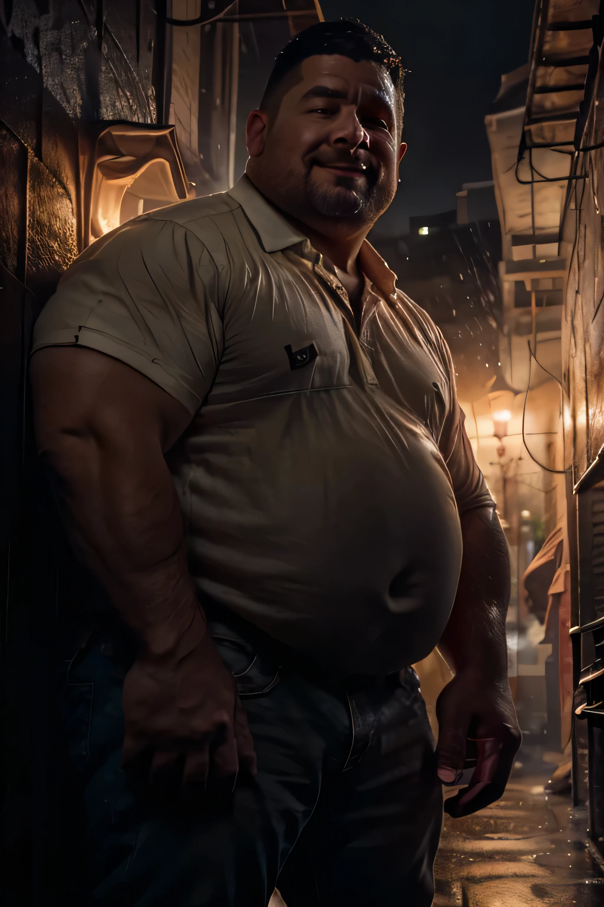 Concept d&#39;horreur, Great man realiste 3D with an étrange visage effrayant, en jeans et torse nu, Exterior background, des packs de bière partout, Rendu Pixar, Unreal Engine Cinematic Smooth, intricate high detail