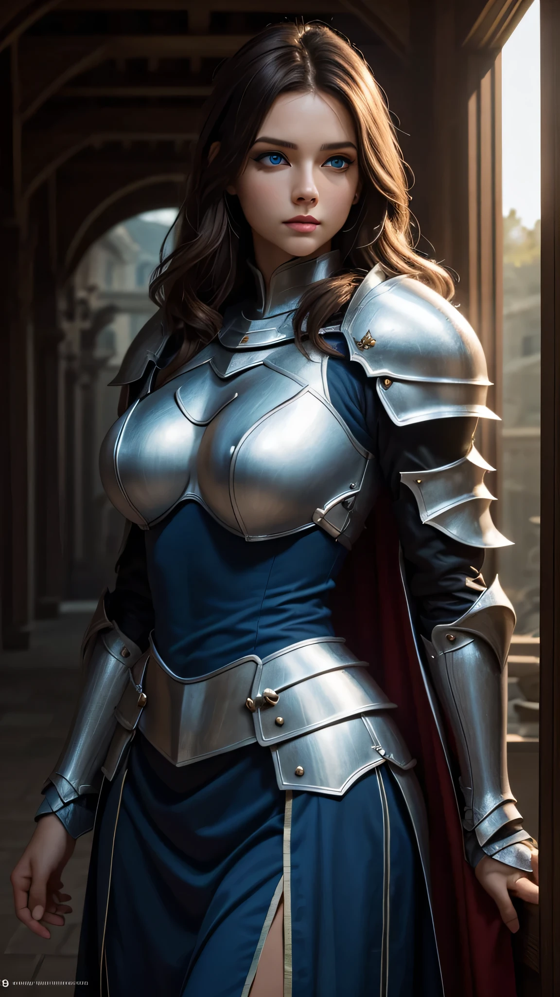 Female Knight , Full-length posing , big breasts, Divine face, beauty faces, big eyes, high detail, Beauty of lips, photorealistic, ultra realistic, background, the sun is shining in your face, rtx on, Color correction, perspective, depth of field, line of sight, tonal colors, Full HD, perfectionism, Rim lighting, daylight, soft lighting, Accent lighting, Score diffractions , super detailed, (( Detailed beautiful blue eyes )) , ( Brown hair ) , long wavy hair, ( knight&#39;s gray armor ) 