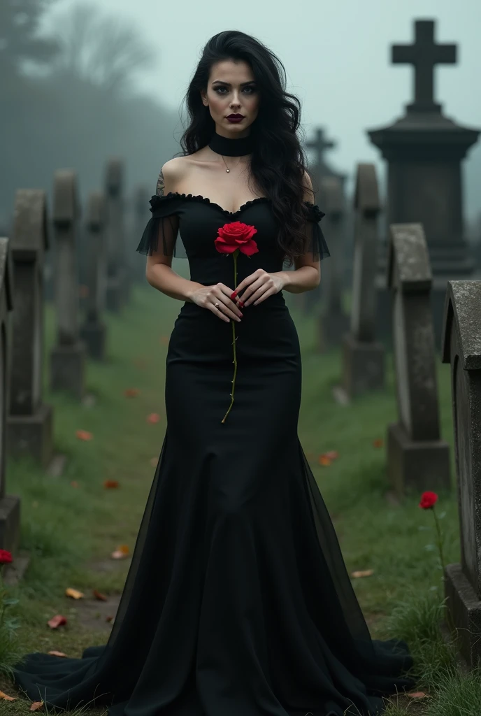 an elegant woman with long, dark hair wearing a vibrant dark red and black dress adorned with lace and intricate details. embroidery His skin is a light and striking tone, his face is like a skull, mixing beauty and macabre. In one hand, she delicately holds a skull and, in the other, a red rose, symbolizing her dual nature. She is in a dimly lit cemetery, surrounded by dimly glowing candles and fog, with shadows from old tombstones and crosses in the background. The atmosphere is eerie and slightly eerie, with a soft, reddish light highlighting its presence.