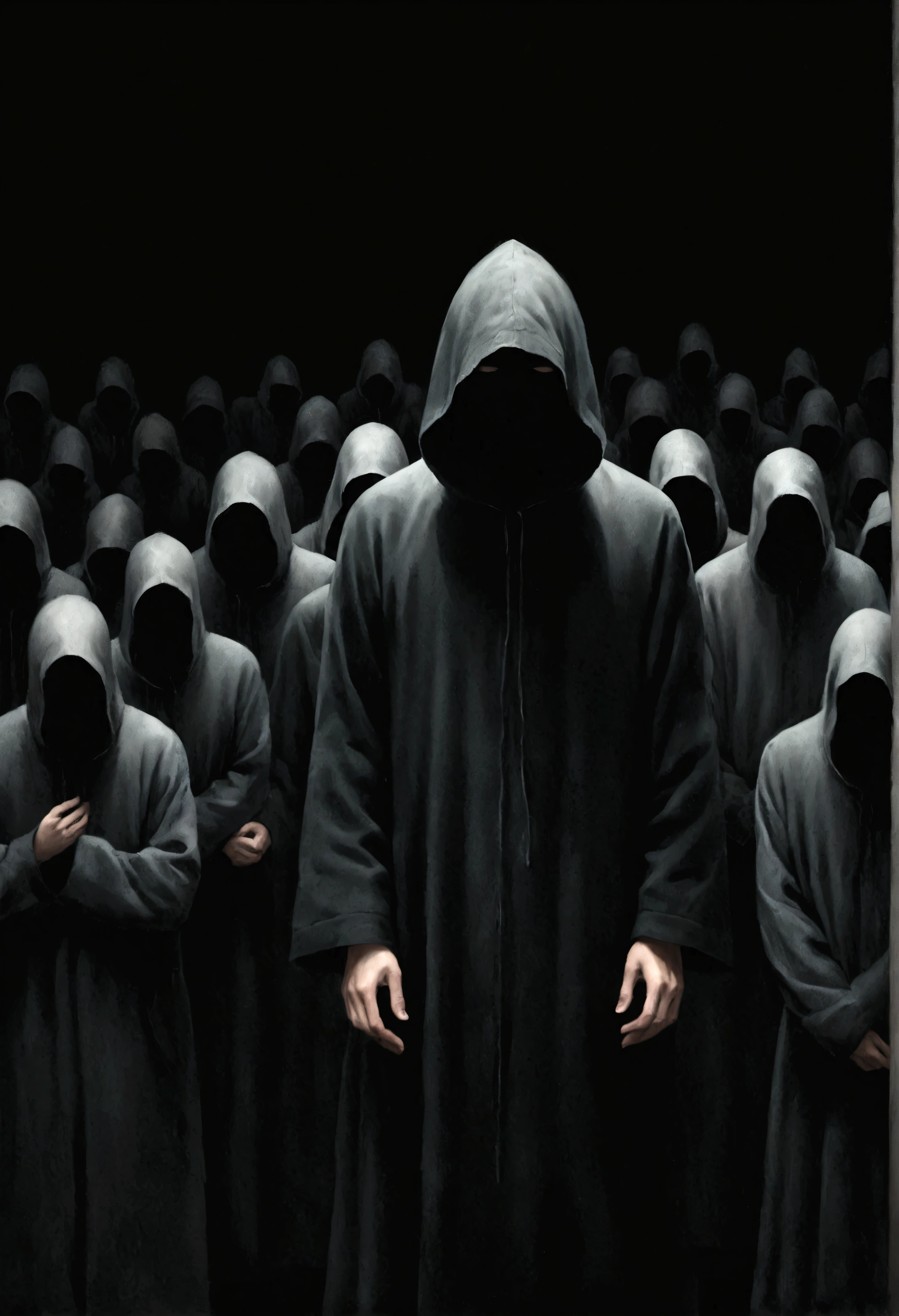 A man stood in front of a group of people, The art of math by jeonseok lee, unsplash contest winner, The art of math, Faceless Man像, Faceless Man, Alessio Albi, Abstract Surrealism, Faceless Man dark, Unsettling horror limbo, Fractal human body outline, Hooded figure surrealism, Lost in the void
