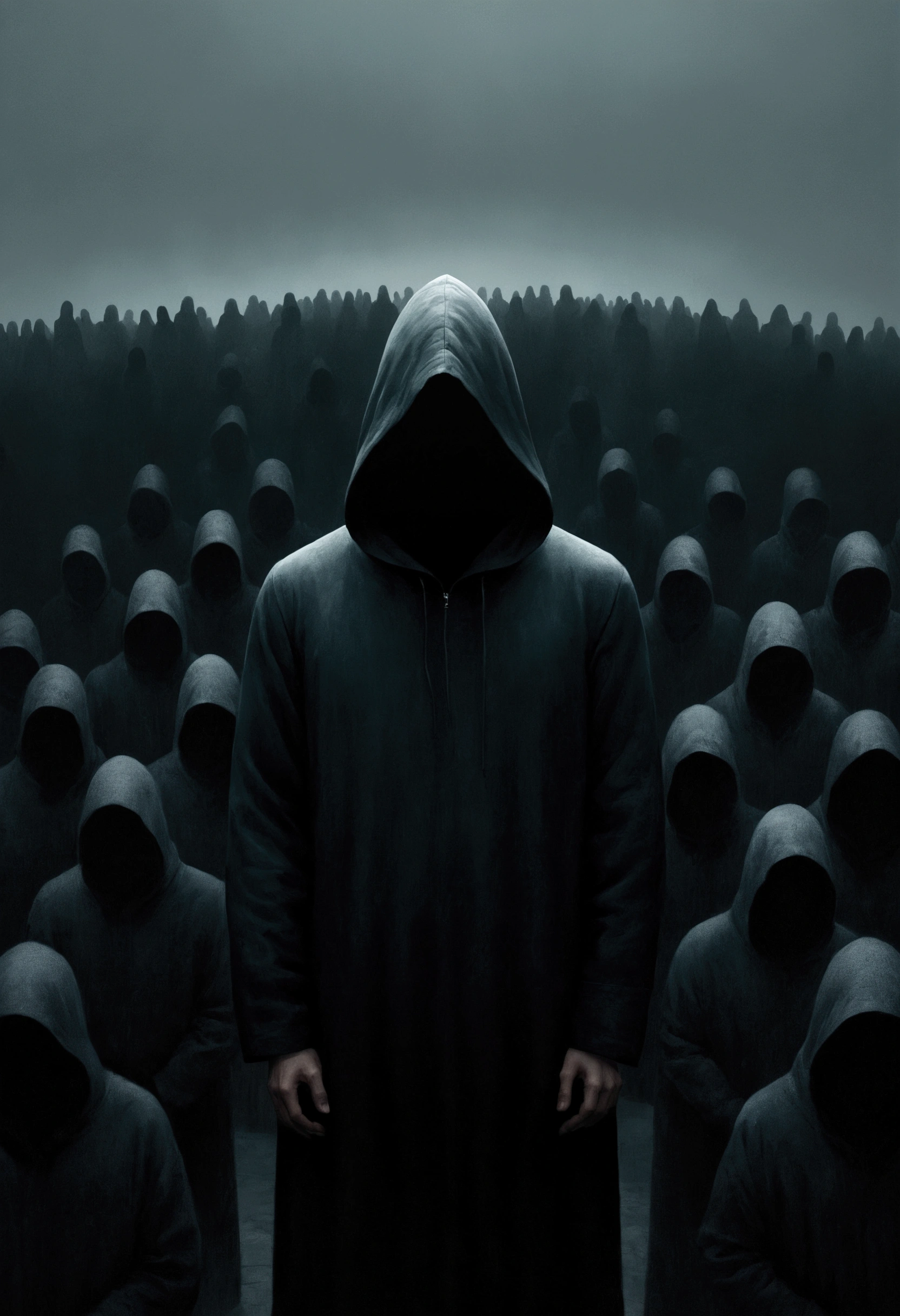 A man stood in front of a group of people, The art of math by jeonseok lee, unsplash contest winner, The art of math, Faceless Man像, Faceless Man, Alessio Albi, Abstract Surrealism, Faceless Man dark, Unsettling horror limbo, Fractal human body outline, Hooded figure surrealism, Lost in the void