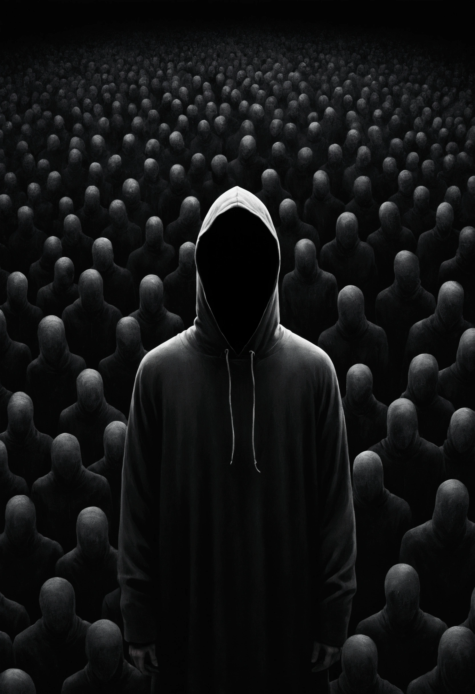 A man stood in front of a group of people, The art of math by jeonseok lee, unsplash contest winner, The art of math, Faceless Man像, Faceless Man, Alessio Albi, Abstract Surrealism, Faceless Man dark, Unsettling horror limbo, Fractal human body outline, Hooded figure surrealism, Lost in the void